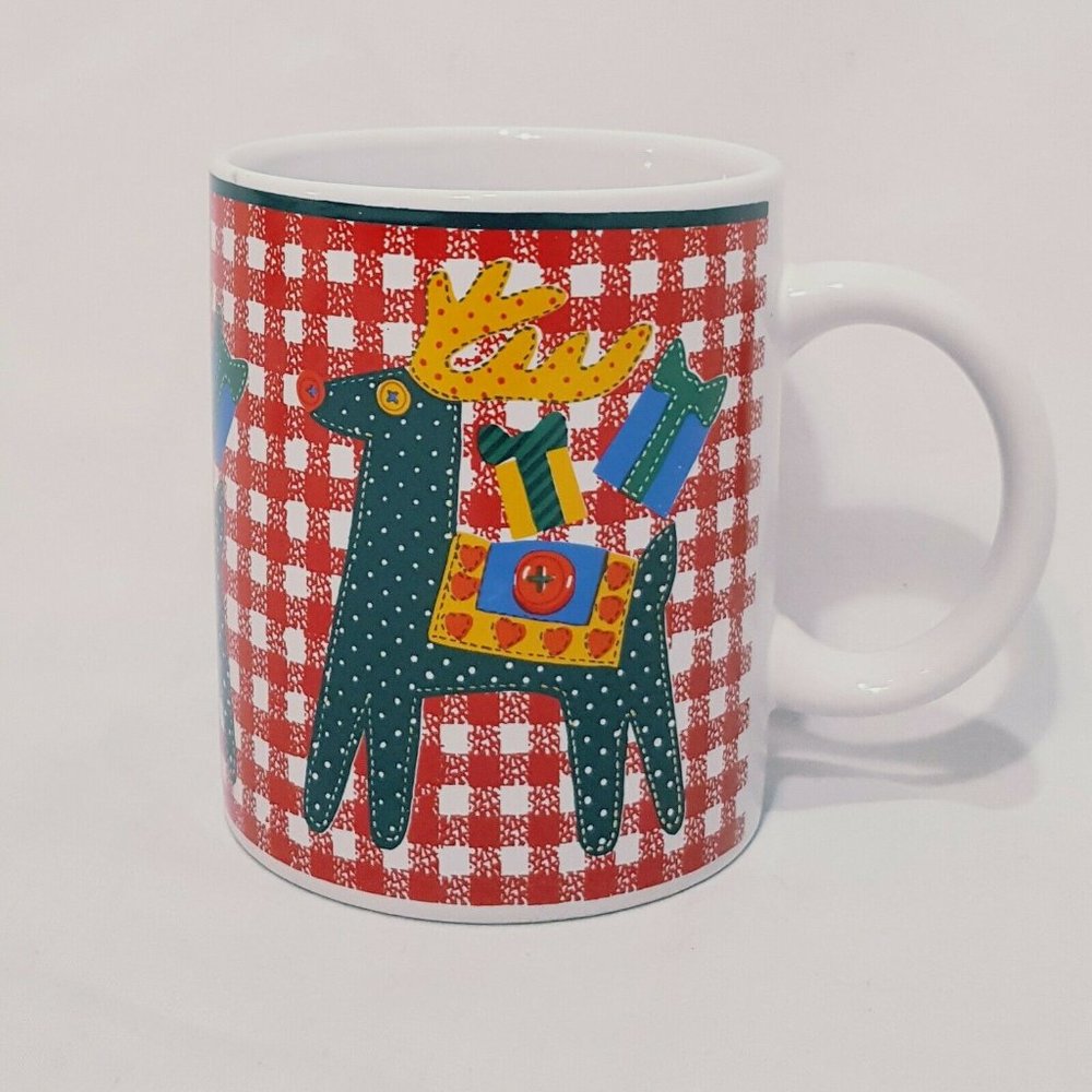 Christmas Reindeer Gingham Coffee Mug 10 oz Cup